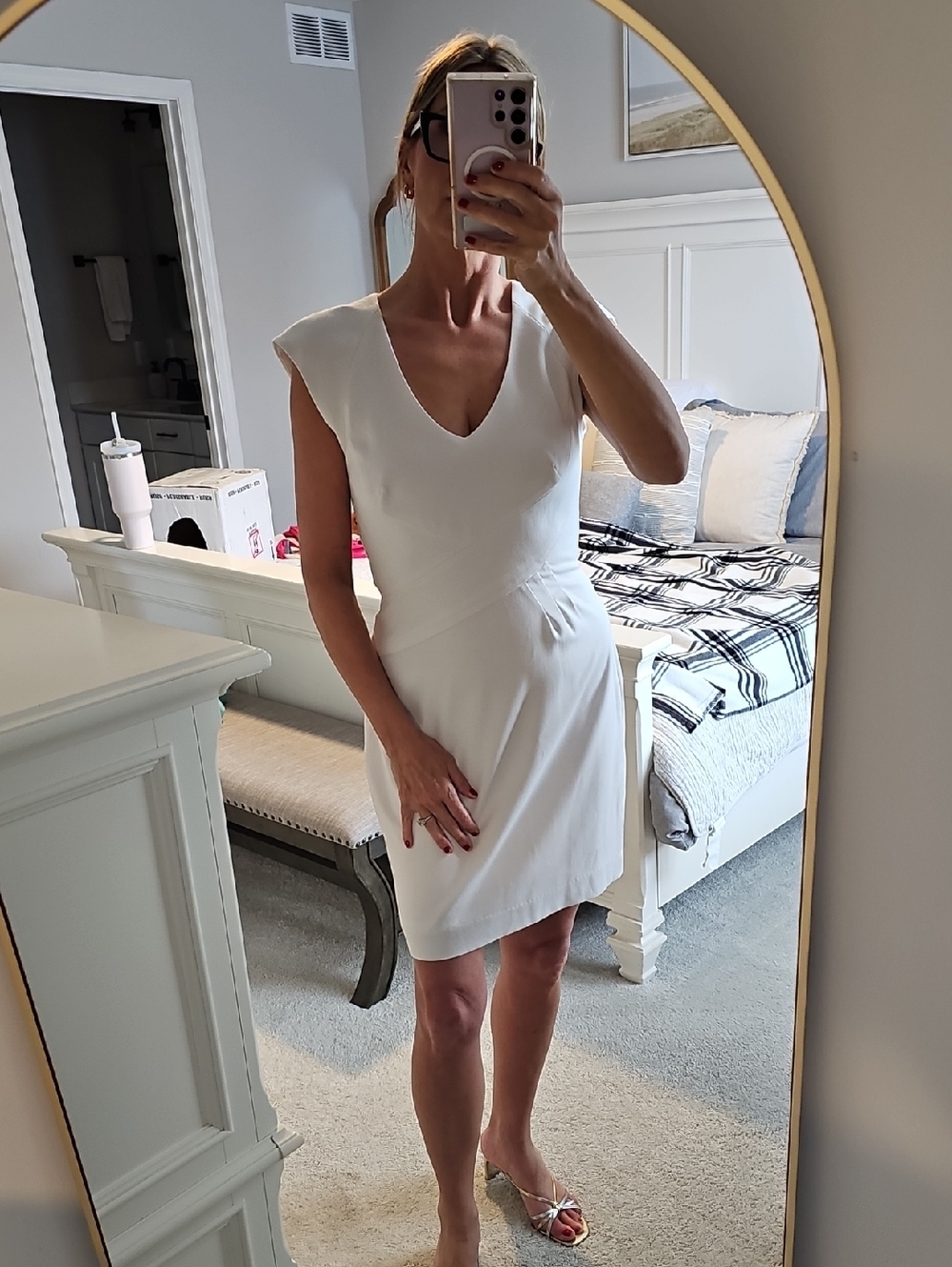 Black Halo White Cap-Sleeve V-Neck Mini Dress, Lace Back